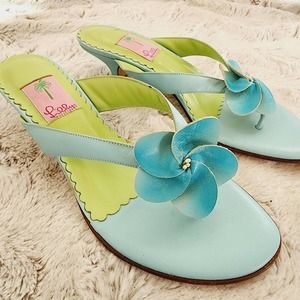 LILLY PULITZER KITTEN HEEL BLUE/GREEN SUMMER THONG NEW SANDAL SIZE 10M